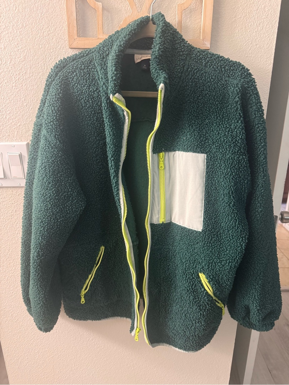 Universal Thread Dark Green Teddy Jacket with Neon Yellow Accents
